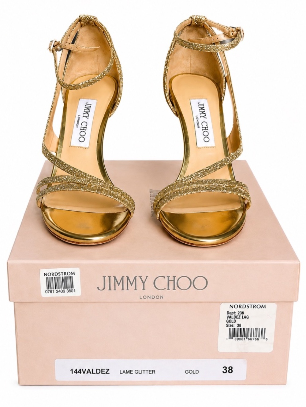 Jimmy Choo Valez Gold Glitter Strappy Sandal Heels Size 38